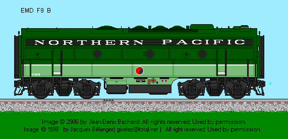 Drawing of Northern Pacific F9B #6700B in dark green over lime green carbody, with white lettering.